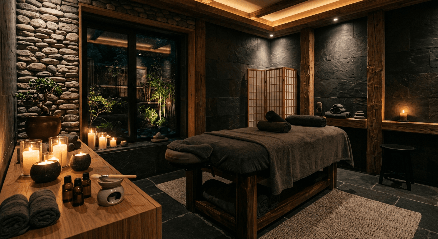 Spa-Behandlungsraum mit Kerzen und natürlichen Materialien