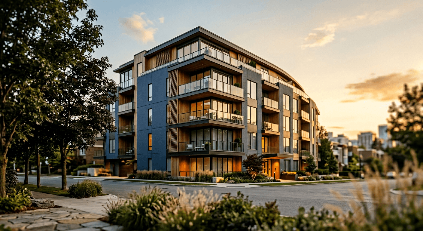 Modernes Wohngebäude bei Sonnenuntergang