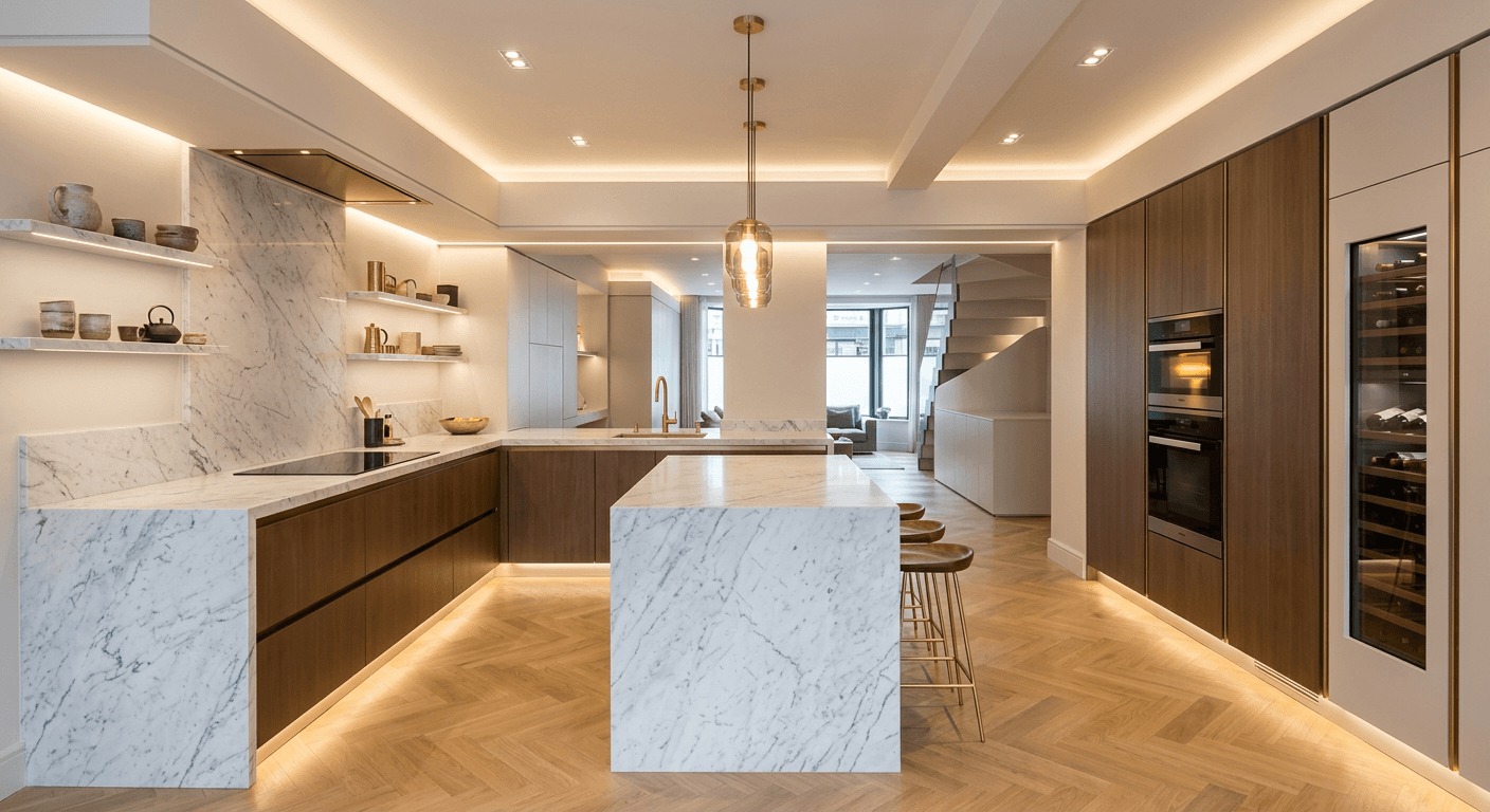 Modernes Küchenstudio mit Marmor und Einbaugeräten