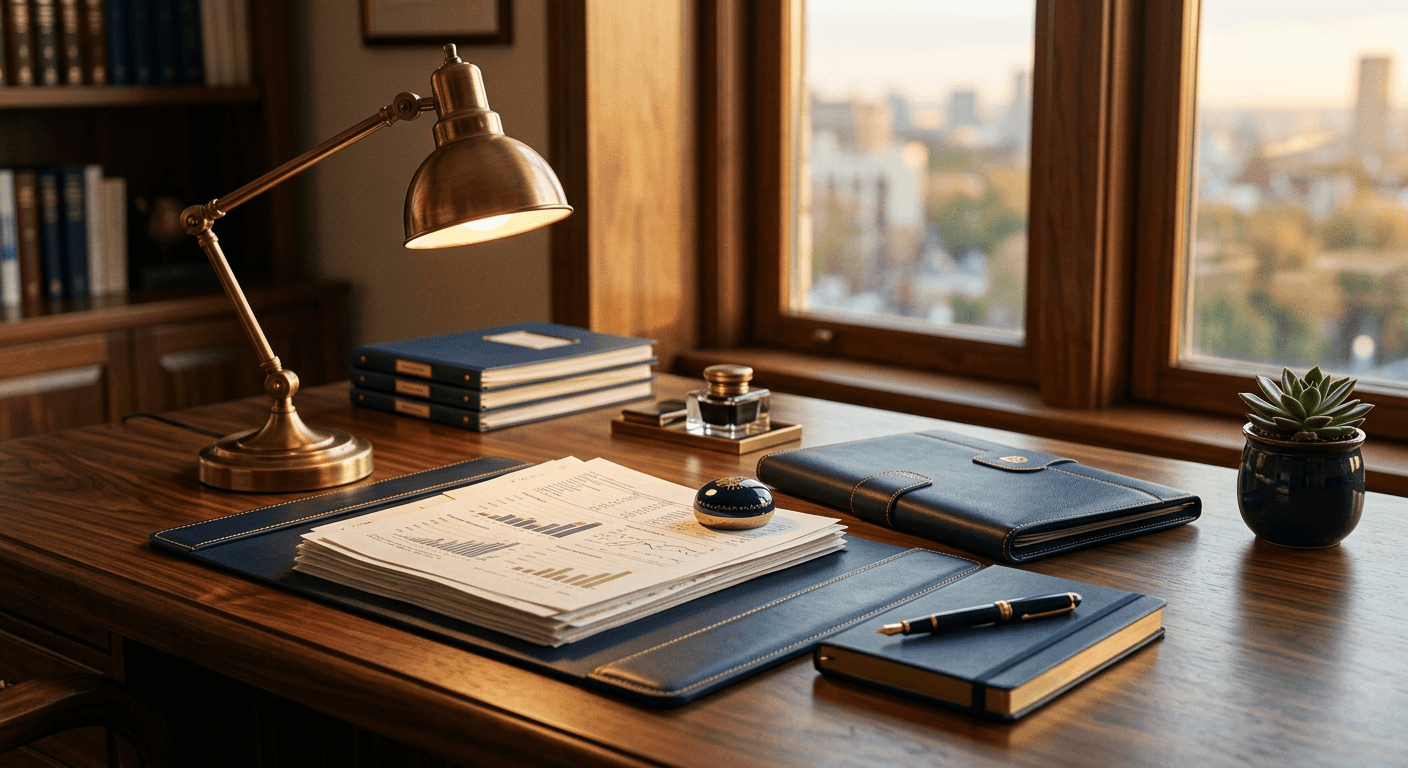 Eleganter Schreibtisch mit Dokumenten und Lampe