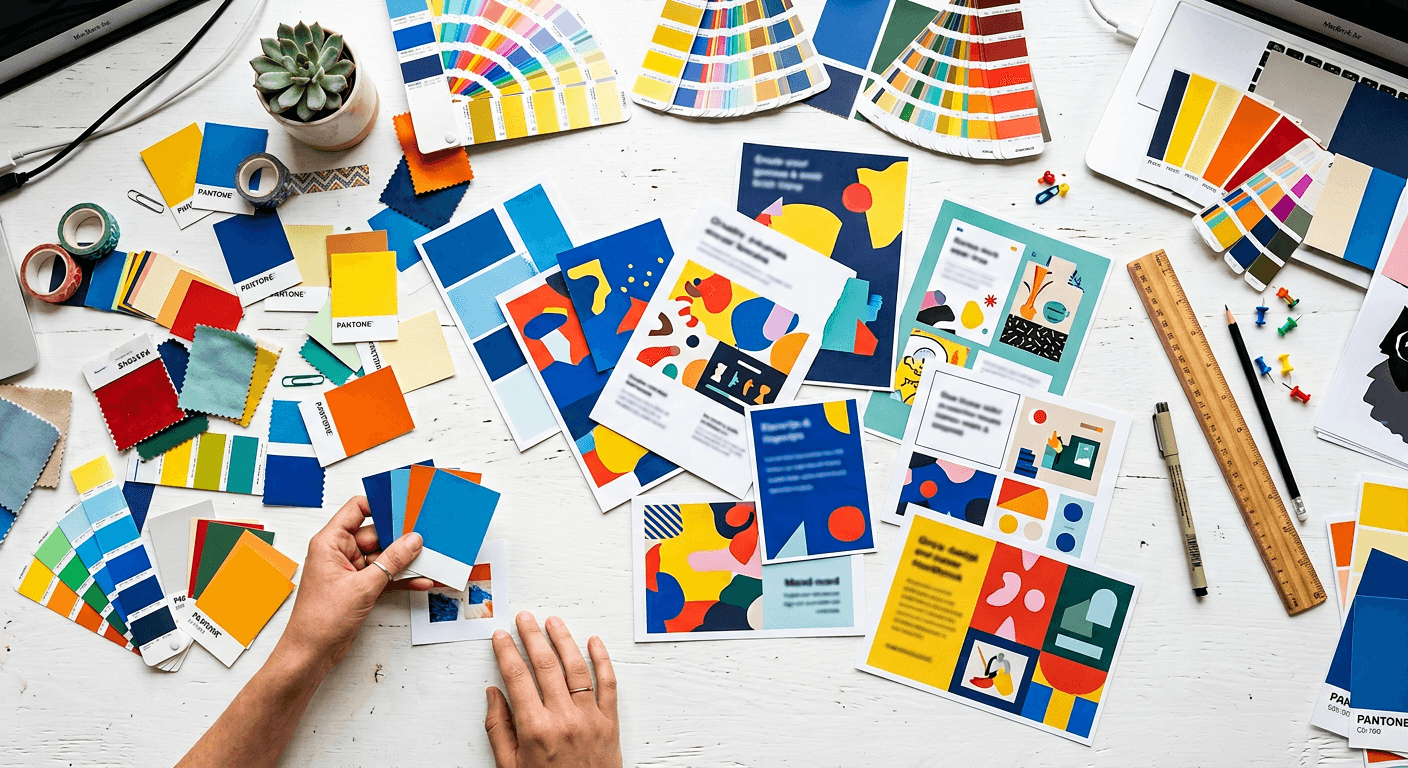 Grafikdesign-Arbeitsplatz mit Farbmustern und Flyer-Entwürfen