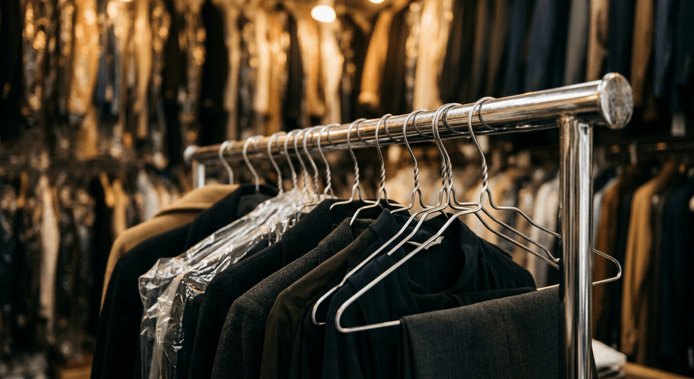 Kleiderbügel an einer Stange in einer Textilreinigung