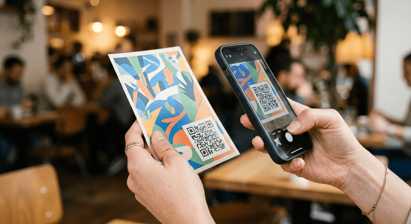Hände scannen einen QR-Code auf einem Flyer