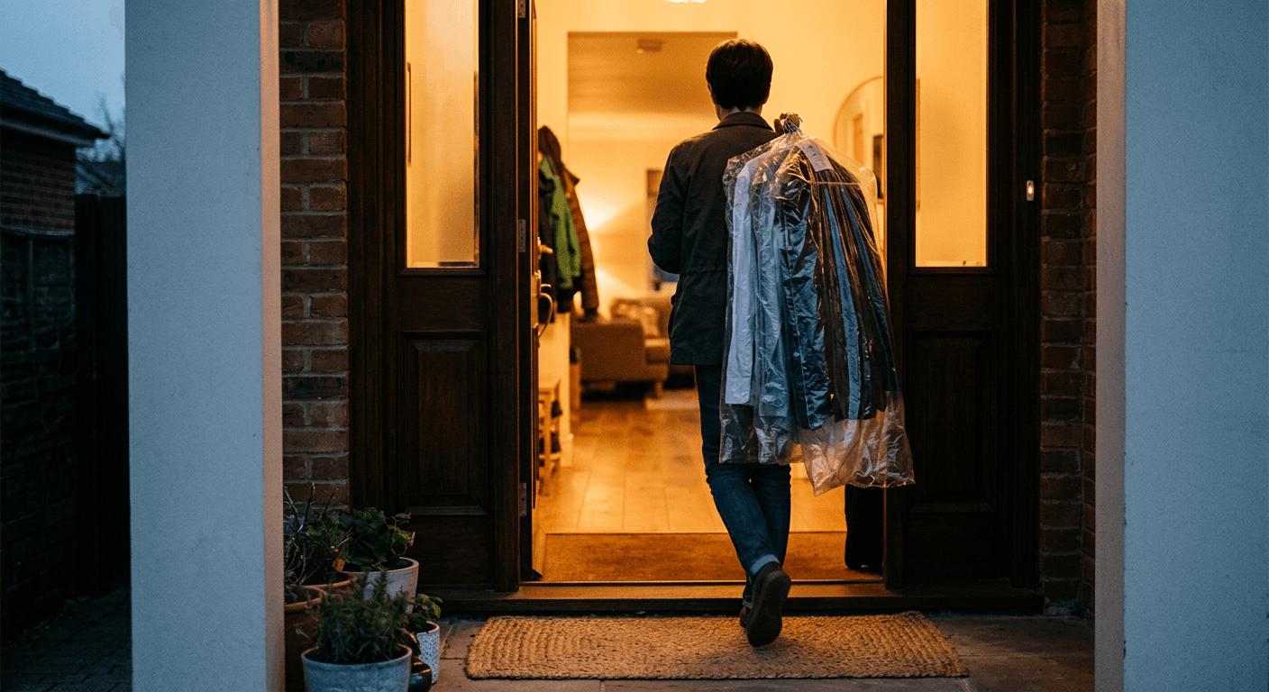 Person trägt gereinigte Kleidung nach Hause